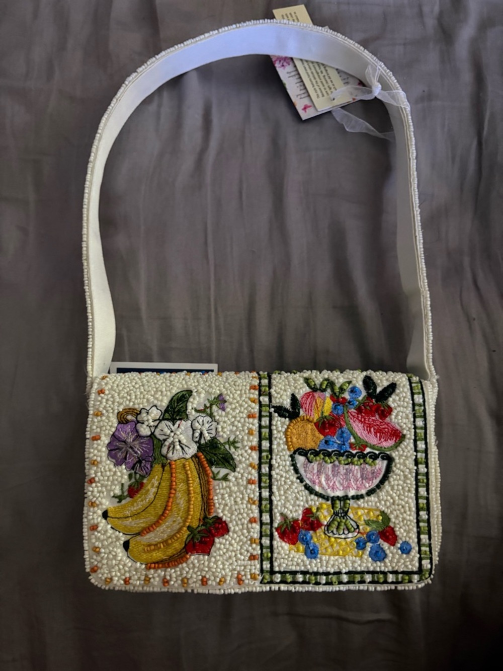 White Beaded Fruit & Floral Crossbody Bag